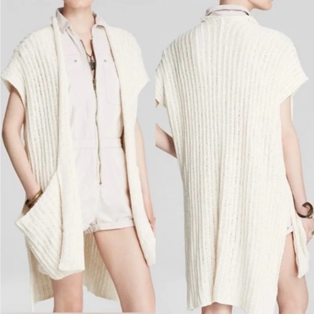 Free People Open Knit Longline Cardigan Oversized Small Boho Cap Sleeve